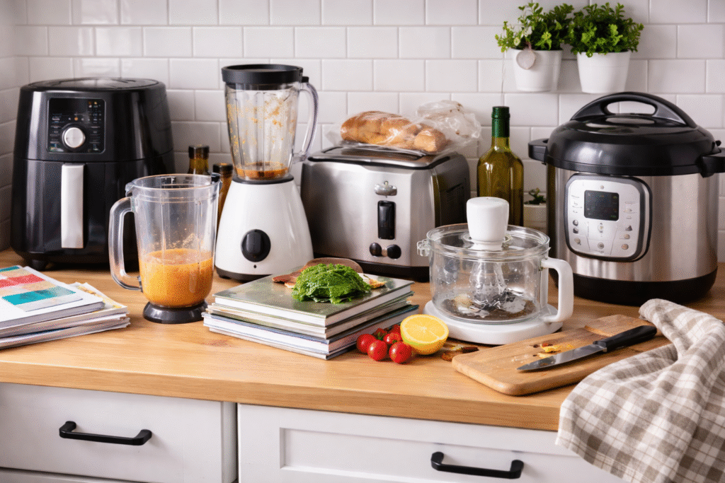 cluttered kitchen counter with unused appliances