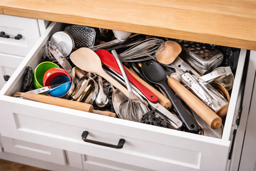 overcrowded kitchen drawers with mixed utensils. kitchen organization mistakes that waste time