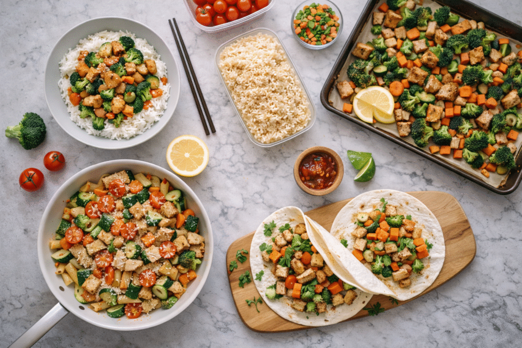 weekly meal planning using similar ingredients on kitchen table