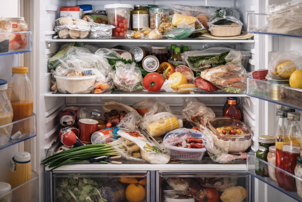 poor refrigerator organization with cluttered shelves and food items
