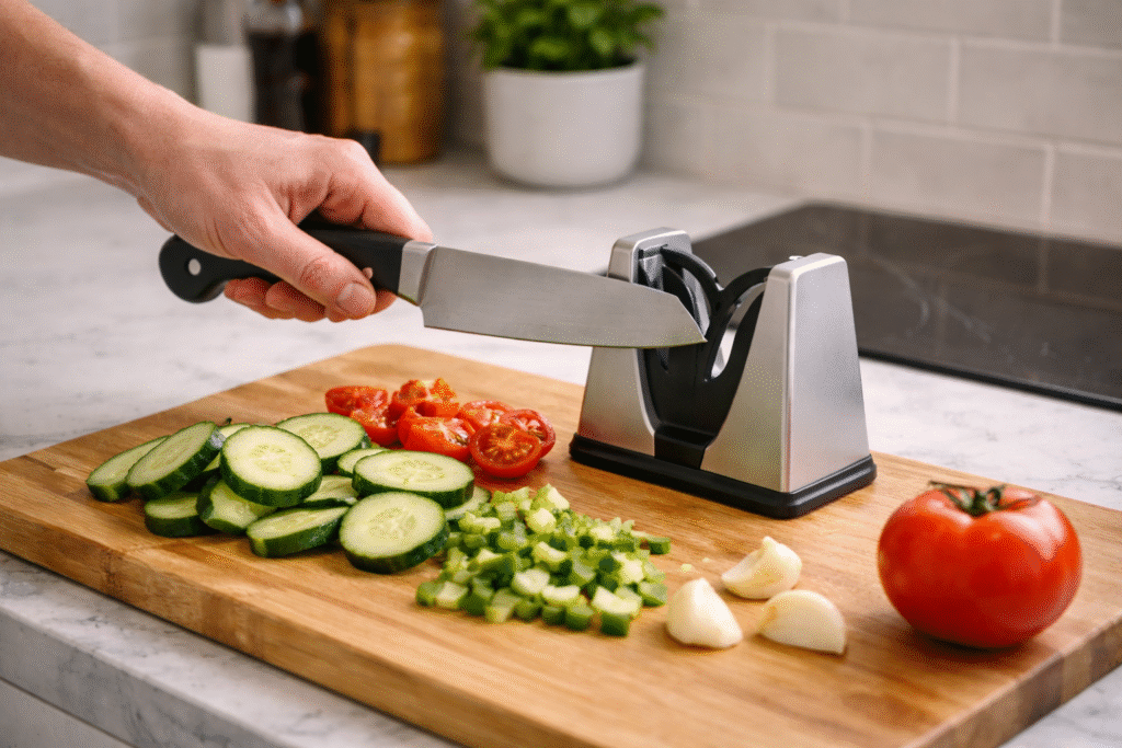 sharpening kitchen knife using a sharpening stone
