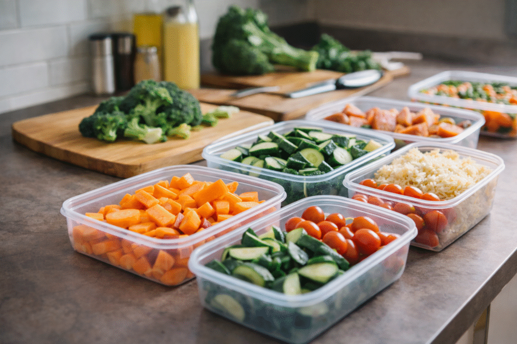meal prep containers with chopped vegetables ready for cooking