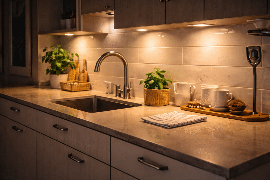 clean kitchen at night with dishes washed and counters cleared