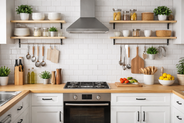 organized kitchen with clean countertop and daily cooking tools
